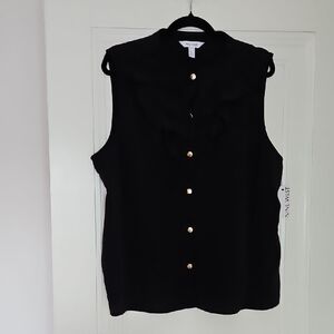 Nine West Black Sleeveless Top, Ruffle Neckline, Gold Snaps, Size XL, NWT